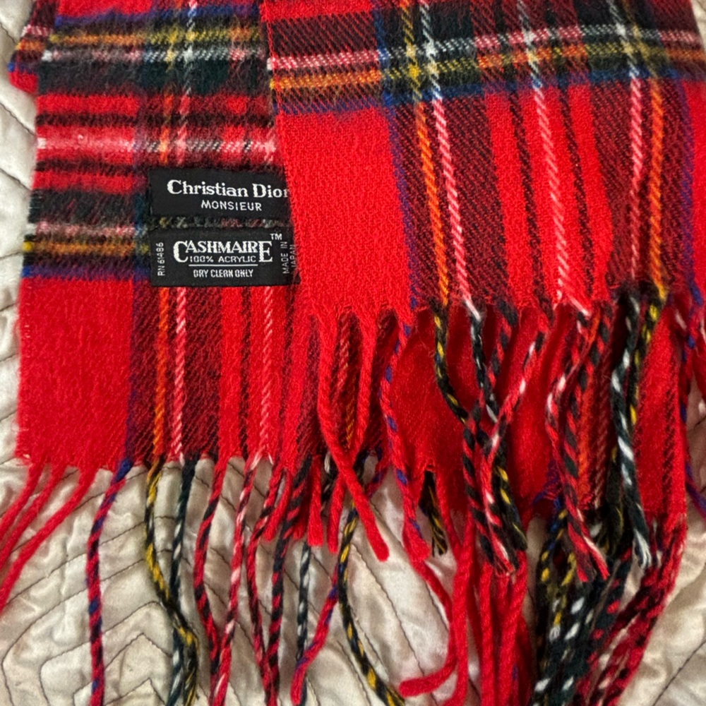 Christian Dior Monsieur Vintage Red Plaid Cashmaire Scarf Made in Japan - Picture 6 of 15